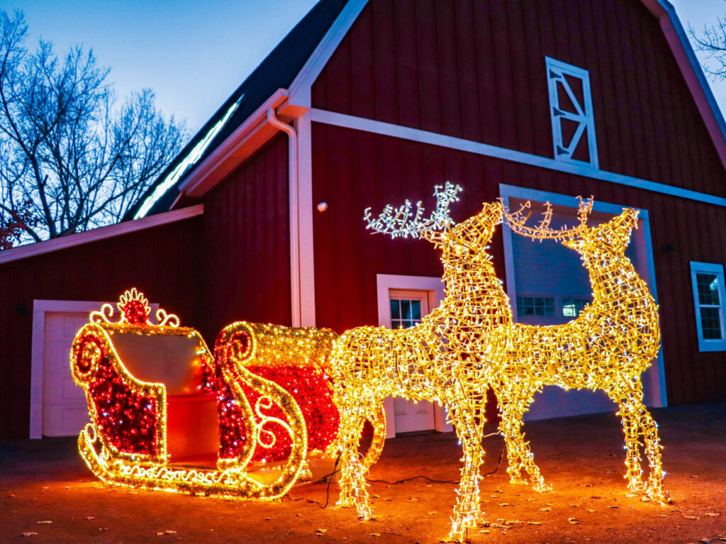 Reindeer and sleigh made of lights in front of the barn at Hudson Gardens