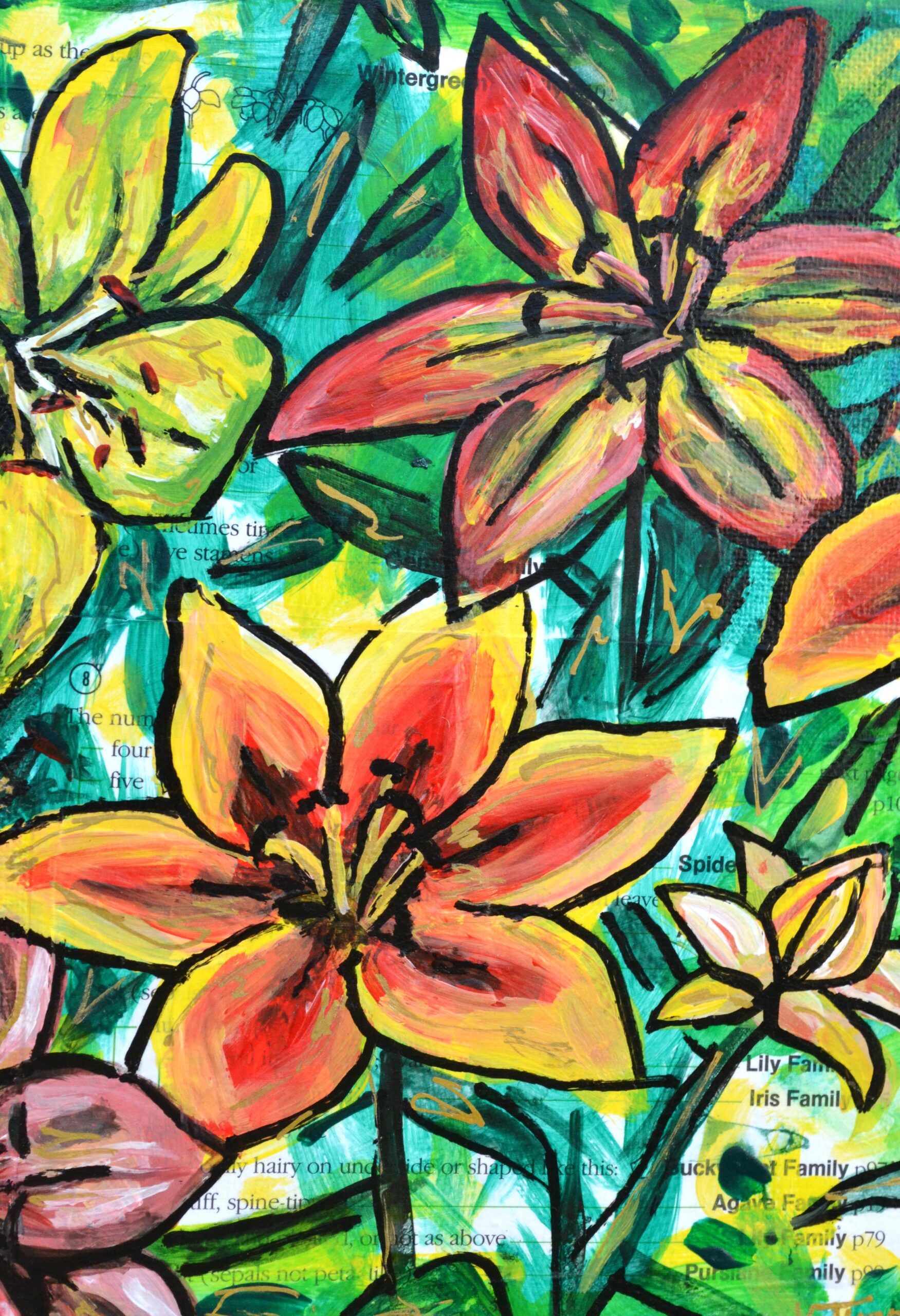 Mixed media painting of colorful lilies