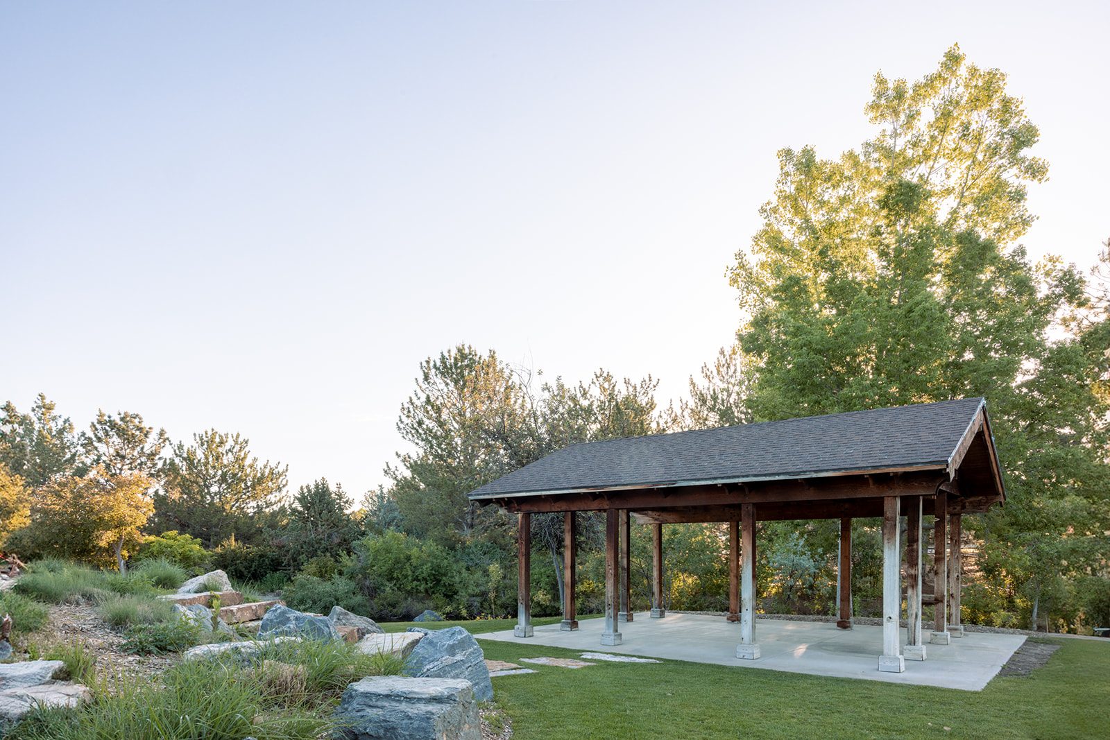 Pavilion in a natural grassy area. The overlook at Hudson Gardens.