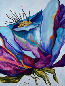 Acrylic painting of a blue flower by Barbara Grogan