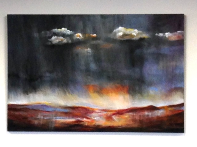 Painting of a gray sky with a warm landscape by Barbara Grogan