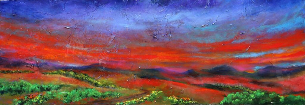 Acrylic painting of a red sky and landscape by Barbara Grogan