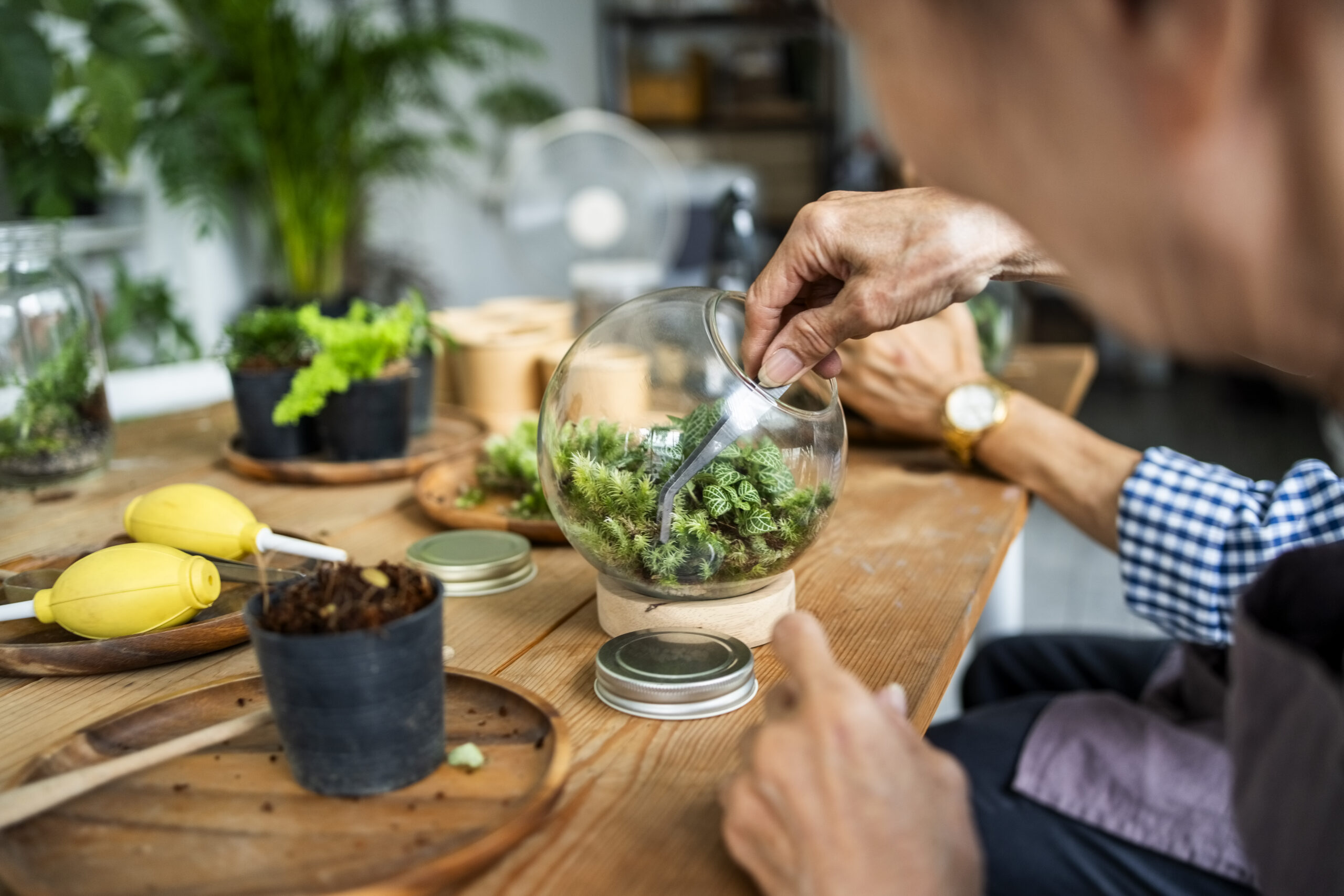Close-up of senior students learning to create plant terrariums sitting at table at workshop in garden center