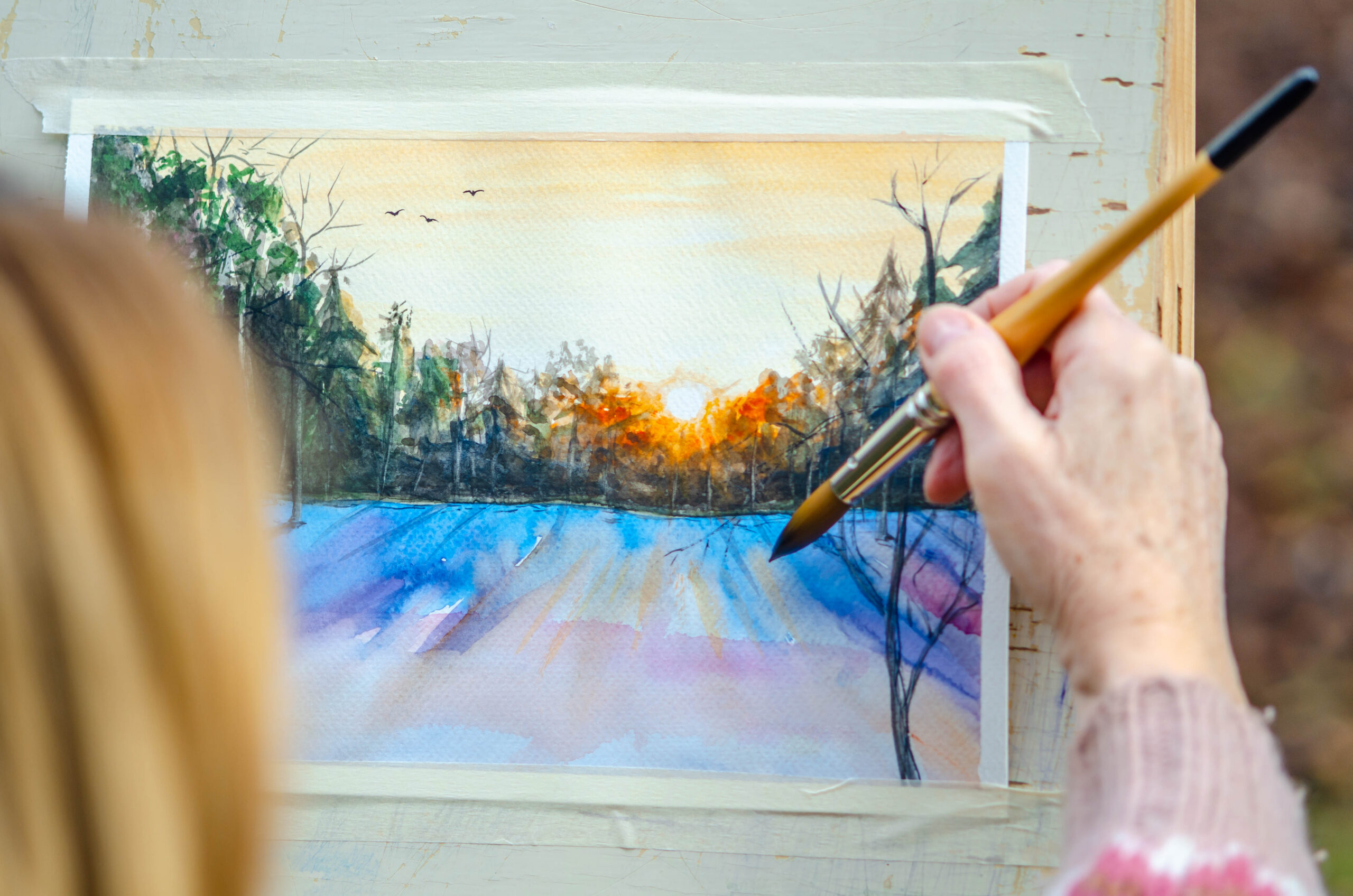 Close up watercolor painting outdoor- stock photo
