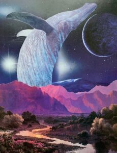 Collage artwork by Dayna Copeland. Space-themed collage with purple mountains