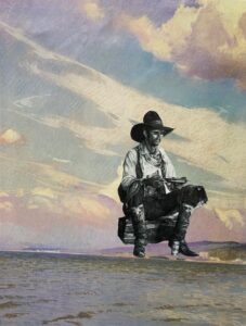 Collage artwork by Dayna Copeland. Cowboy image over sunrise