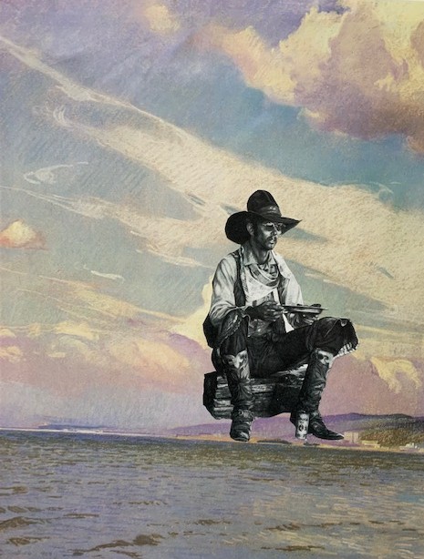 Collage artwork by Dayna Copeland. Cowboy image over sunrise