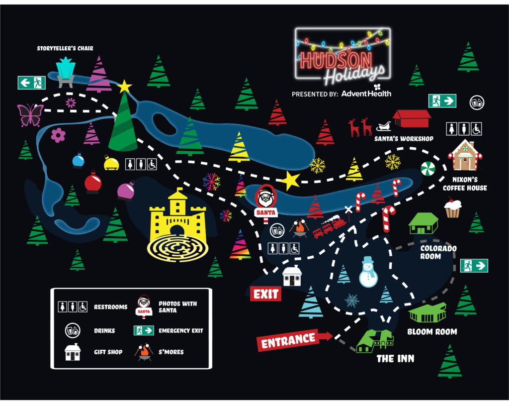 Map of Hudson Holidays indicating event venues, display areas, restrooms, bar areas, and exits