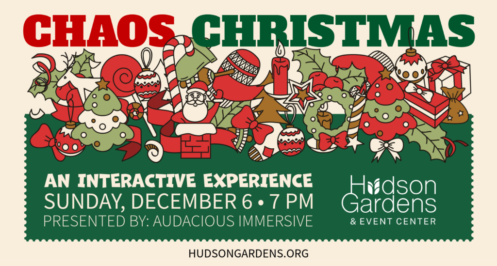 Chaos Christmas graphic with green and red illustrations of holiday items