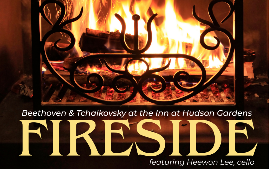Fire burning in a fire place with the word "Fireside" in yellow text