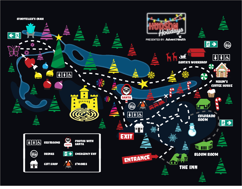 Cartoon map of Hudson Holidays highlight the route, restrooms, display areas, and bars